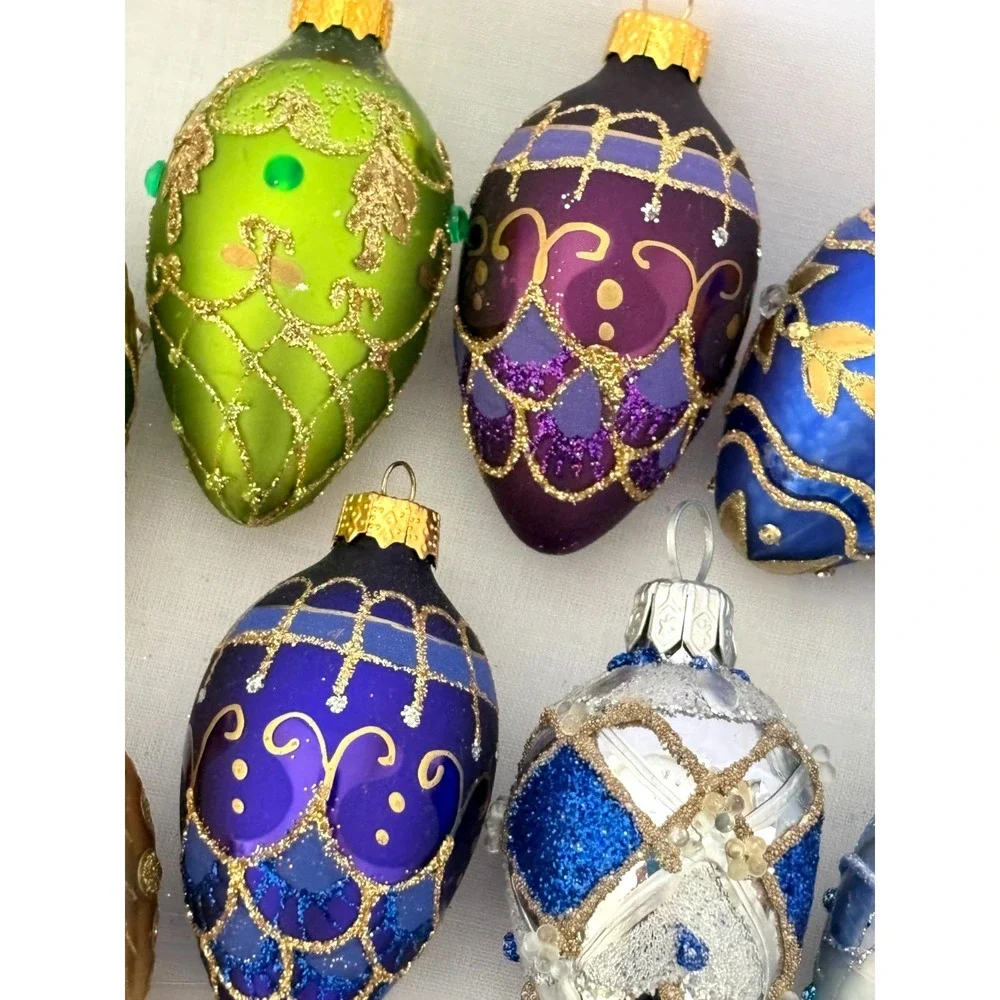 16 Miniature Egg Christmas Ornaments Silver Gold Glitter Jeweled Embellished